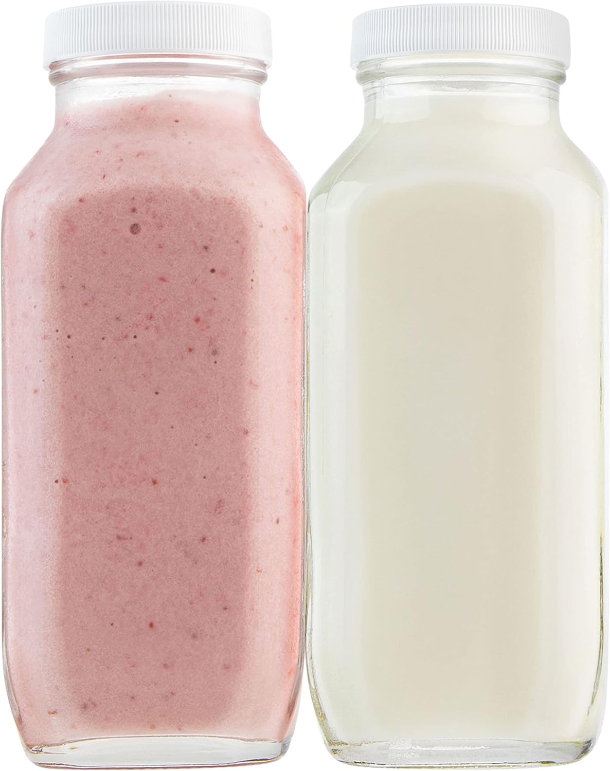 kitchentoolz 16oz Square Glass Milk Bottle with Lid - Glass Jars with Airtight Lid used for Milk Container, Yogurt, Smoothies, Juice, Kefir, & Water -2 Pack 16 oz Glass Bottles with Lids