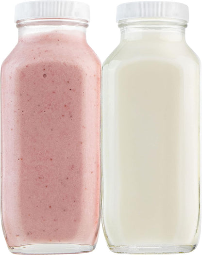kitchentoolz 16oz Square Glass Milk Bottle with Lid - Glass Jars with Airtight Lid used for Milk Container, Yogurt, Smoothies, Juice, Kefir, & Water -2 Pack 16 oz Glass Bottles with Lids