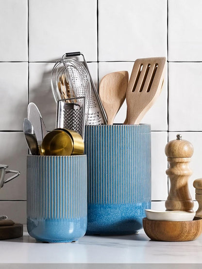 LE TAUCI Utensil Holder for Kitchen Counter, 7.3"+5.4" Fluted Ceramic Utensil Crock Organizer for Countertop, Heavy Large Holder for Spatulas, Spoons, Set of 2, White, Kitchen Counter Decor