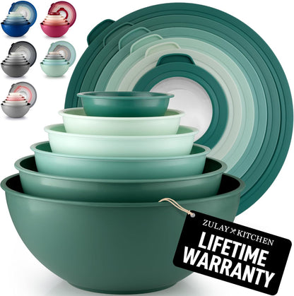 Zulay Kitchen 12 Piece Plastic Mixing Bowls with Lids Set - Leak-Proof Microwave & Freezer Safe Stackable Mixing Bowl Set for Preparing, Serving and Storing - Non-Slip Large Nesting Bowls (Blue Ombre)