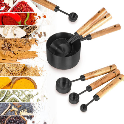 8-Piece Black Measuring Cups and Spoons Set, Stainless Steel Kitchen Measuring Set with Acacia Wood Handles for Baking and Cooking
