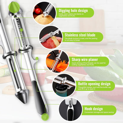 All In One Multifunctional Vegetable Peeler,4 and 1Julienne Peeler Vegetable Peeler,Veggie Peelers for Kitchen,Potato kitchen Pear Tomato Cucumber (Silver)