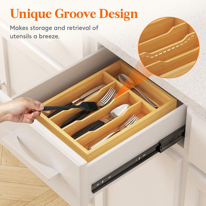Lifewit Silverware Drawer Organizer, Utensil Tray for Kitchen, Flatware and Cutlery Holder, Storage for Spoons Forks Knives, 6.7 x 12", Natural