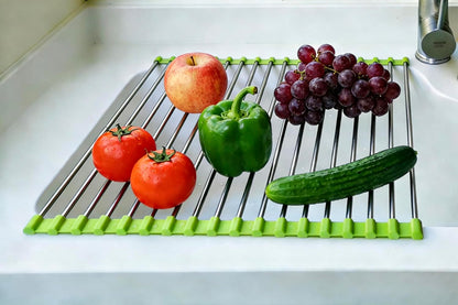 Roll Up Dish Drying Rack, Stainless Steel and Silicone Dish Drying Mat Over The Sink Foldable Drain Rack Multipurpose Dish Drainer for Kitchen, 14.5” x 14”, Gray