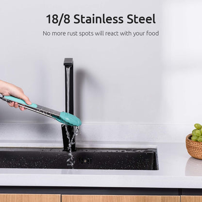 600ºF Heat Resistant Kitchen Tongs: U-Taste 7/9/12 inch Silicone Cooking Tong Set with Non Stick Rubber Tips and Silicon Coated 18/8 Stainless Steel Handle for Serving Grilling Salad(Midnight Blue)