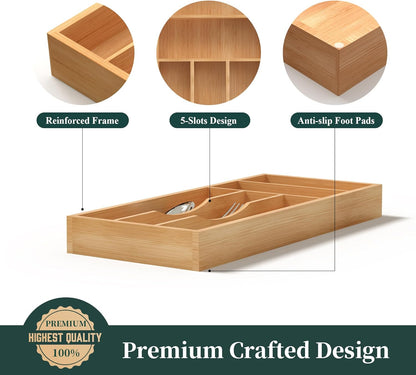 Bamboo Silverware Organizer, Kitchen Drawer Organizer, Utensil Holder, Cutlery Tray & Spoon Flatware Storage with Grooved Drawer Dividers (9.5''W x 13.5''D)