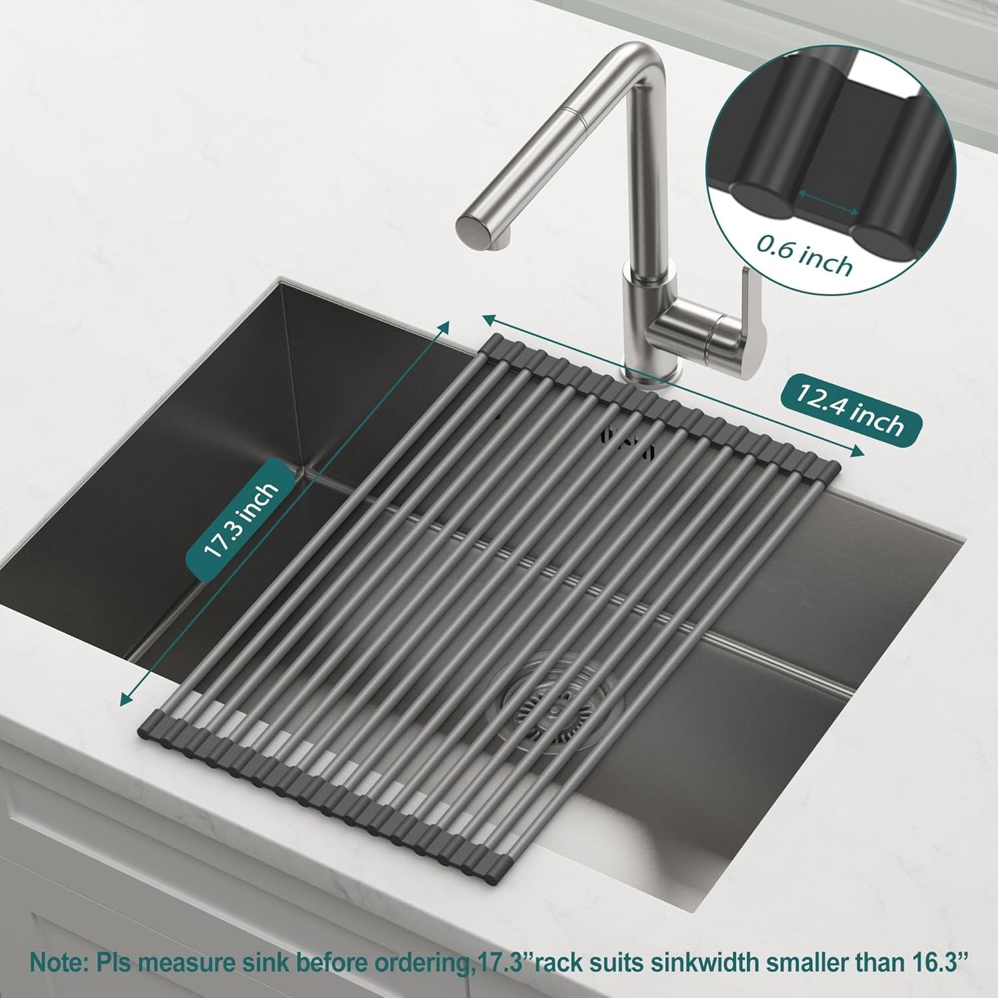 Roll Up Dish Drying Rack, Silicone Wrapped Over The Sink Multipurpose Foldable Dish Drainer Anti-Slip Dish Racks for Kitchen Counter, Sink Drying Rack Cover with Utensil Holder (Black, 17.3" x 17.6")