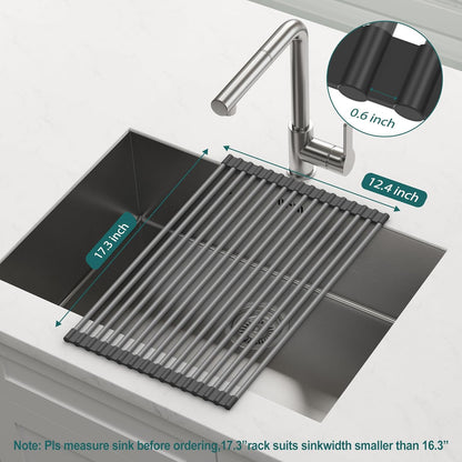 Roll Up Dish Drying Rack, Silicone Wrapped Over The Sink Multipurpose Foldable Dish Drainer Anti-Slip Dish Racks for Kitchen Counter, Sink Drying Rack Cover with Utensil Holder (Black, 17.3" x 17.6")