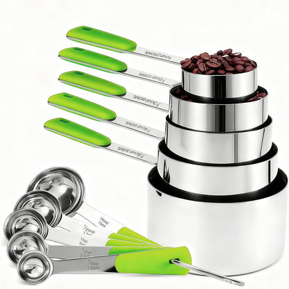 Bopei Measuring Cups and Spoons Set Stainless Steel 10 Piece for Cooking and Baking (5 Cups + 5 Spoons, Colorful Handles)