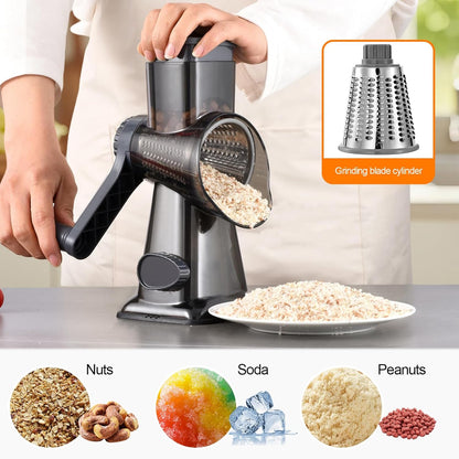 Rotary Cheese Grater Hand Crank with Suction Base, 3-in-1 Cheese Shredder for Cheese, Vegetables & Nuts, Easy to Clean (black)