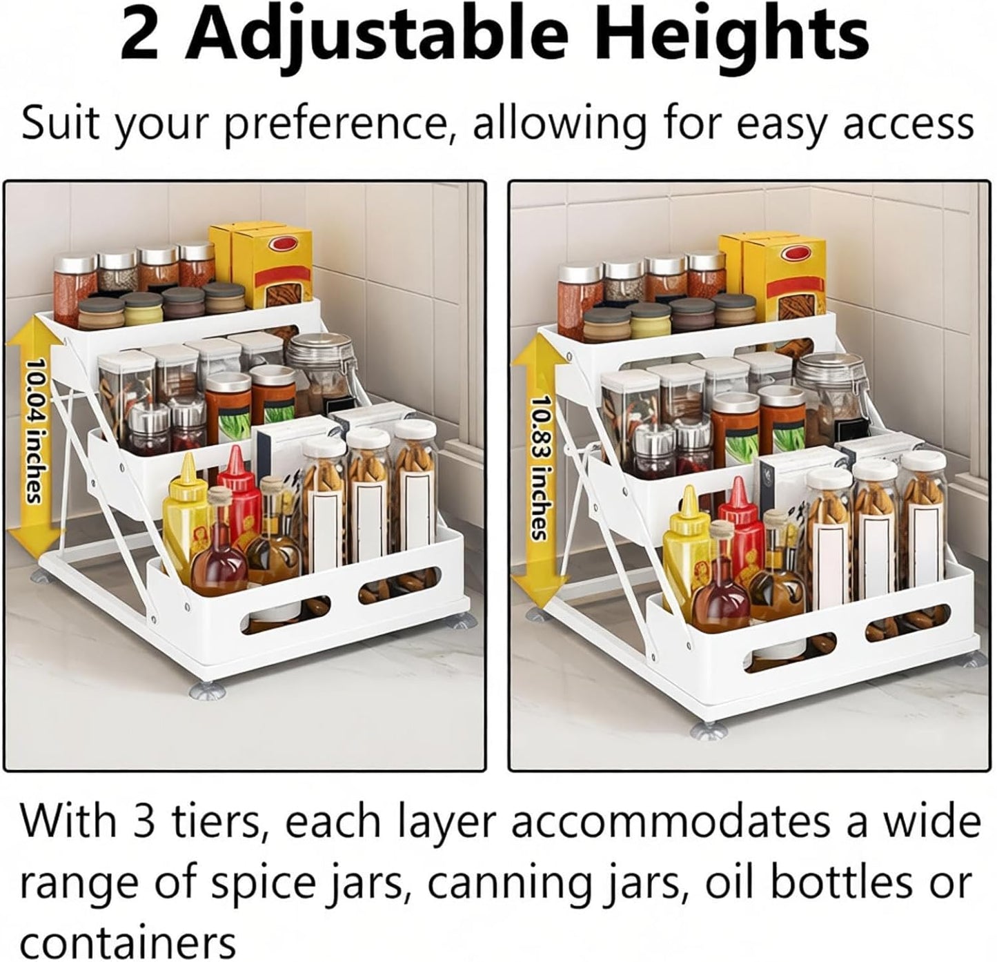 Ceetug 3 Tier Foldable Spice Rack for Countertop Iron Kitchen Seasoning Organizer for Cabinet, Black