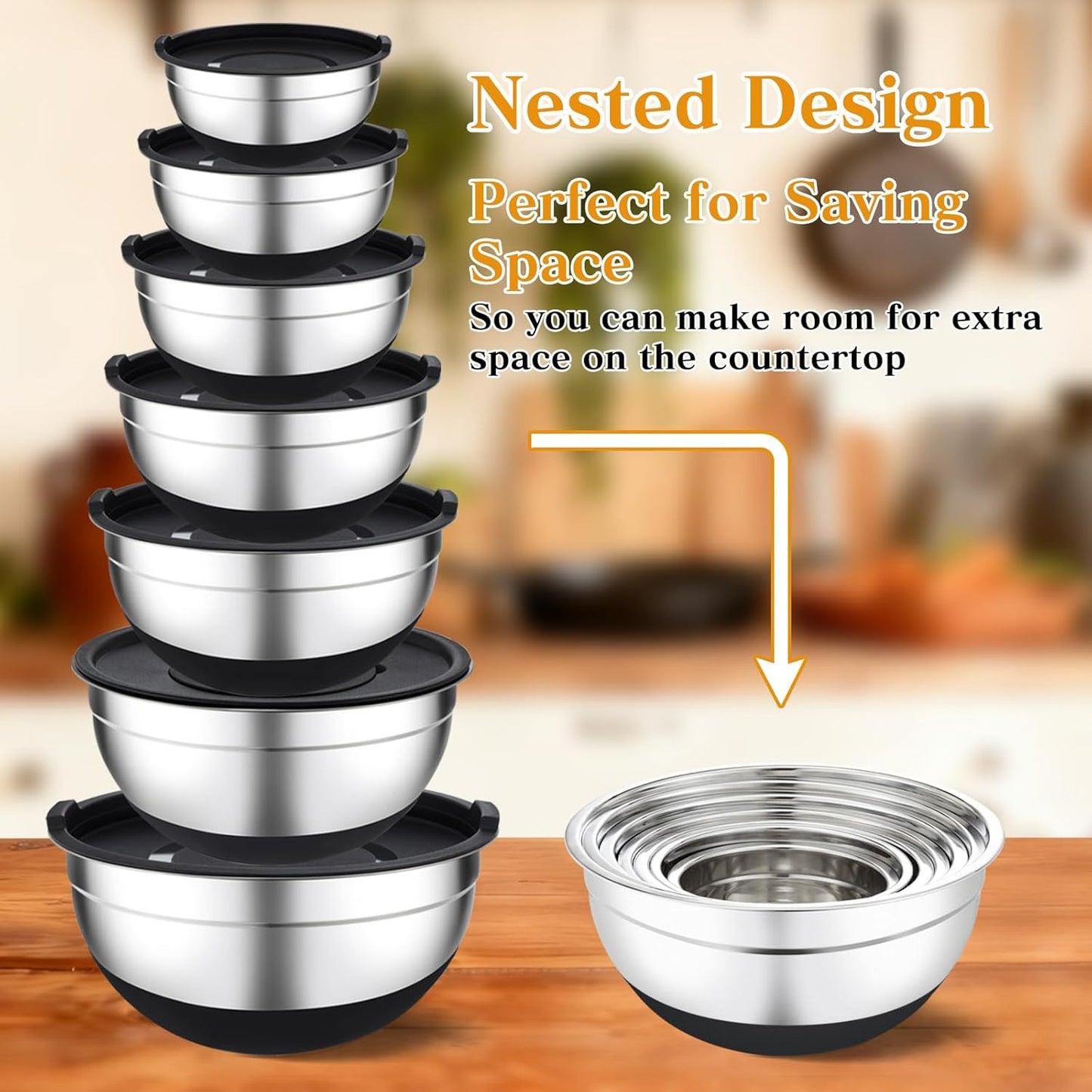 Unokit Mixing Bowls with Lids Set - 16 Pcs Stainless Steel Nesting Mixing Bowls with Grater Attachments, Mixing Bowl Set for Multi Mixing & Serving