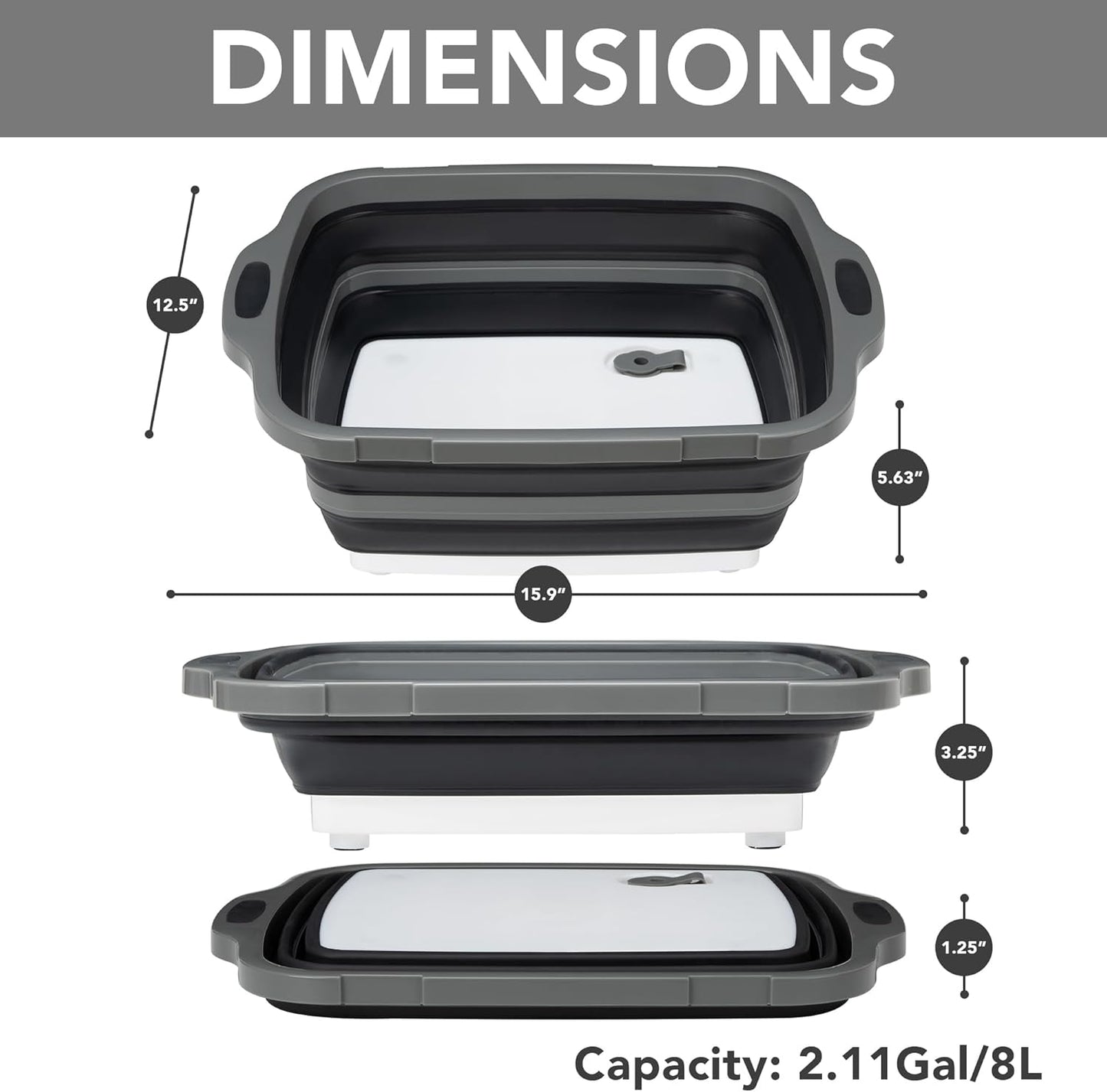 Collapsible Cutting Board(2.11 Gal/8L), BBQ Prep Tub with Locking Lid, Foldable Camping Sink with Colander, Multifunction Dish Basin for Kitchen, Bowl, Vegetable and Fruit, Storage Basket for Picnic