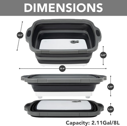 Collapsible Cutting Board(2.11 Gal/8L), BBQ Prep Tub with Locking Lid, Foldable Camping Sink with Colander, Multifunction Dish Basin for Kitchen, Bowl, Vegetable and Fruit, Storage Basket for Picnic