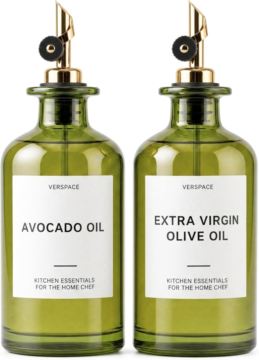 Verspace UV-Protected Green Glass Olive Oil Dispenser Bottles For Kitchen - 2 Pack - 12oz Includes 40 Kitchen Essential Labels, Avocado Oil Dispenser Set, Modern Decor for Home, Airbnb, Cafe