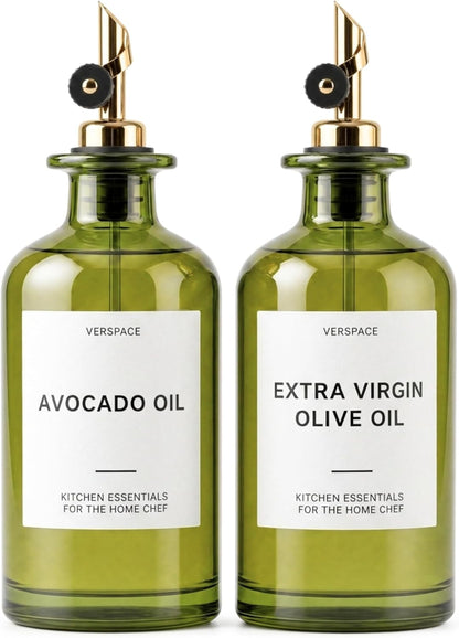 Verspace UV-Protected Green Glass Olive Oil Dispenser Bottles For Kitchen - 2 Pack - 12oz Includes 40 Kitchen Essential Labels, Avocado Oil Dispenser Set, Modern Decor for Home, Airbnb, Cafe