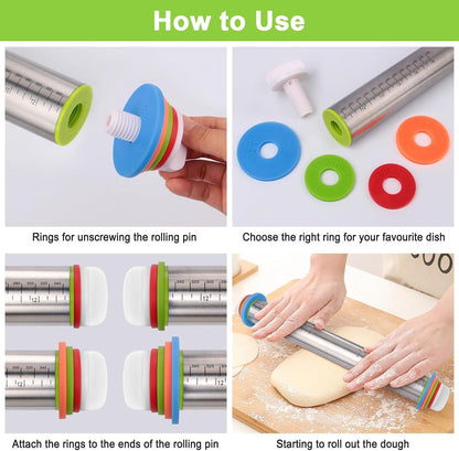 Wood Rolling Pin with Thickness Rings, Adjustable Wooden Rolling Pins for Baking, Dough Roller Pins for Cookie Pastry Tools Cake Baker, Fondant Roller for Decorating Bakery Supplies Kitchen Gadgets