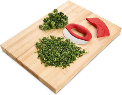 HIC Kitchen Mezzaluna Rocking Chopper And Mincing Knife With Double Handles, Stainless Steel, Rubberwood, For Herbs Vegetables Nuts And More