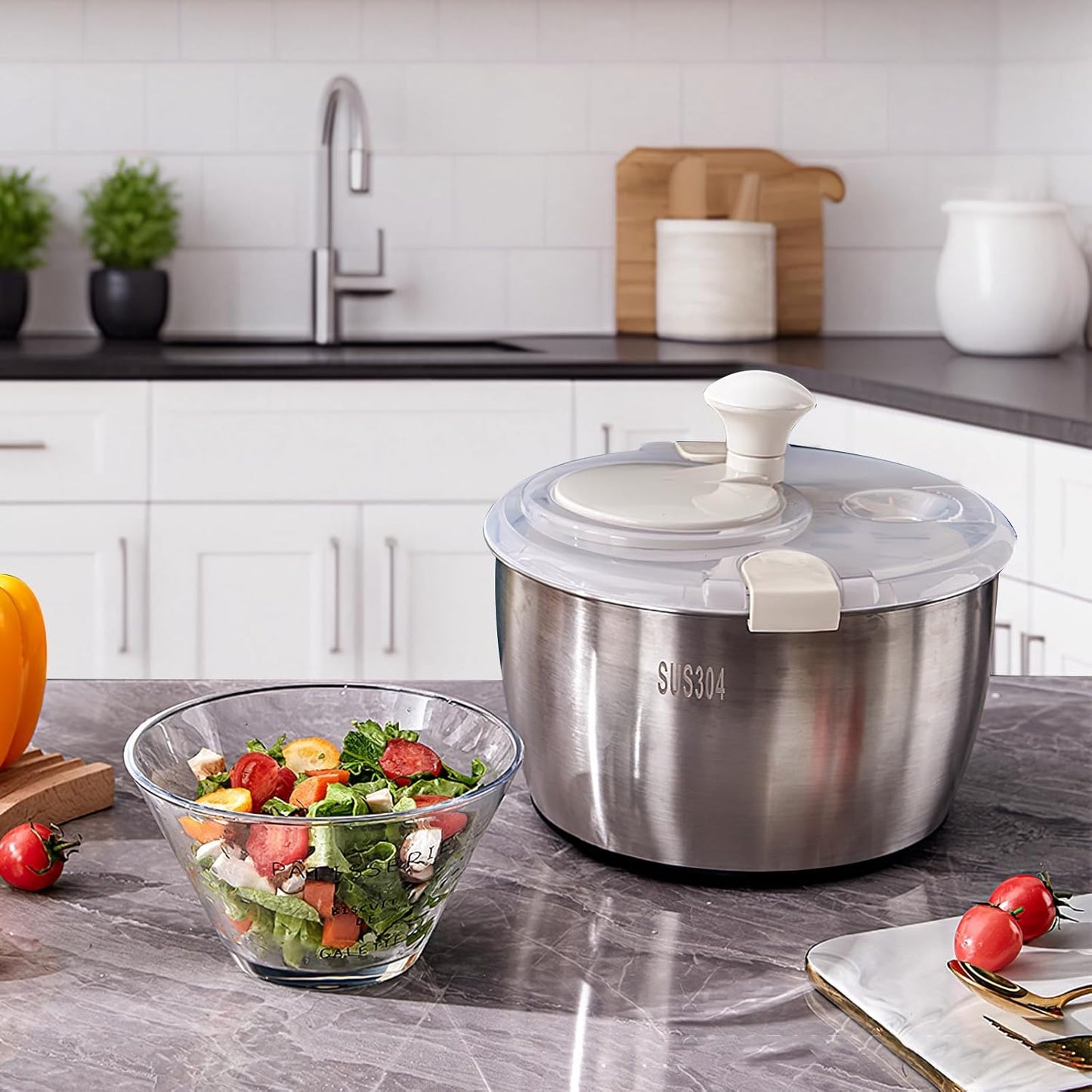 Stainless Steel Salad Spinner, 6L Multi-Use Lettuce Spinner with PP Lid, Large Vegetable Washer with Non-Slip Base, Fruit Washer，Vegetable Dryer