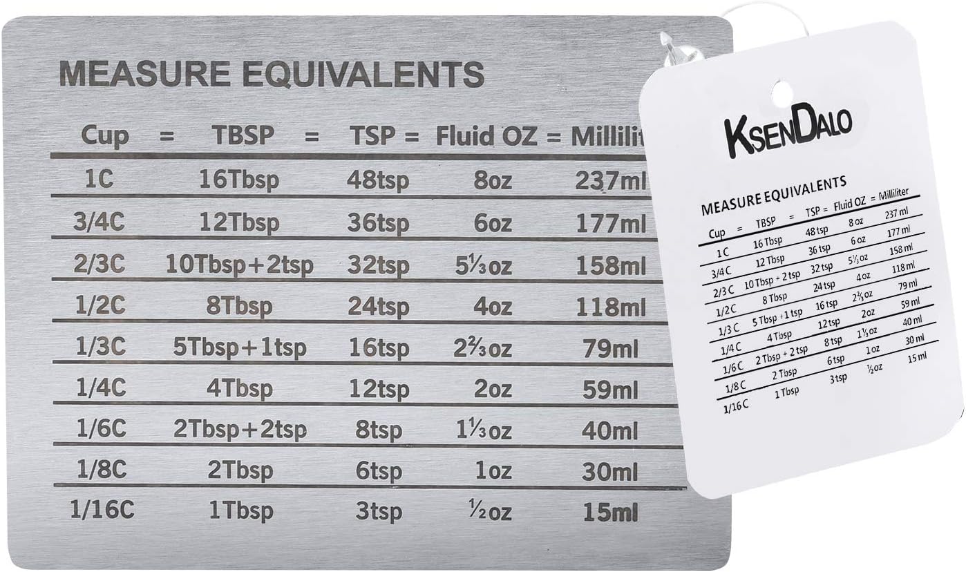 Measurement Conversion Chart with Strong Magnet Backing, KSENDALO Stainless Measurement Conversions For Cups, Tablespoons, Teaspoons, Fluid Oz and Milliliters,Silver