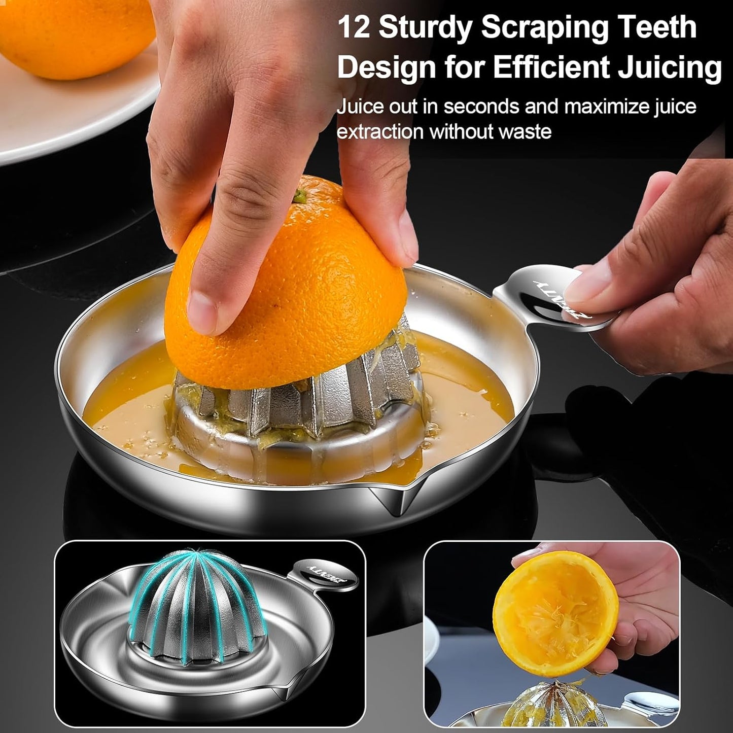 Lemon Squeezer Stainless Steel, Heavy Duty Hand Manual Citrus Juicer, Premium Orange Lime Fruit Squeezer, Robust Reamer Rotation 2 Pour Spout 200ML Container, Dishwasher Safe（5-Year Warranty）