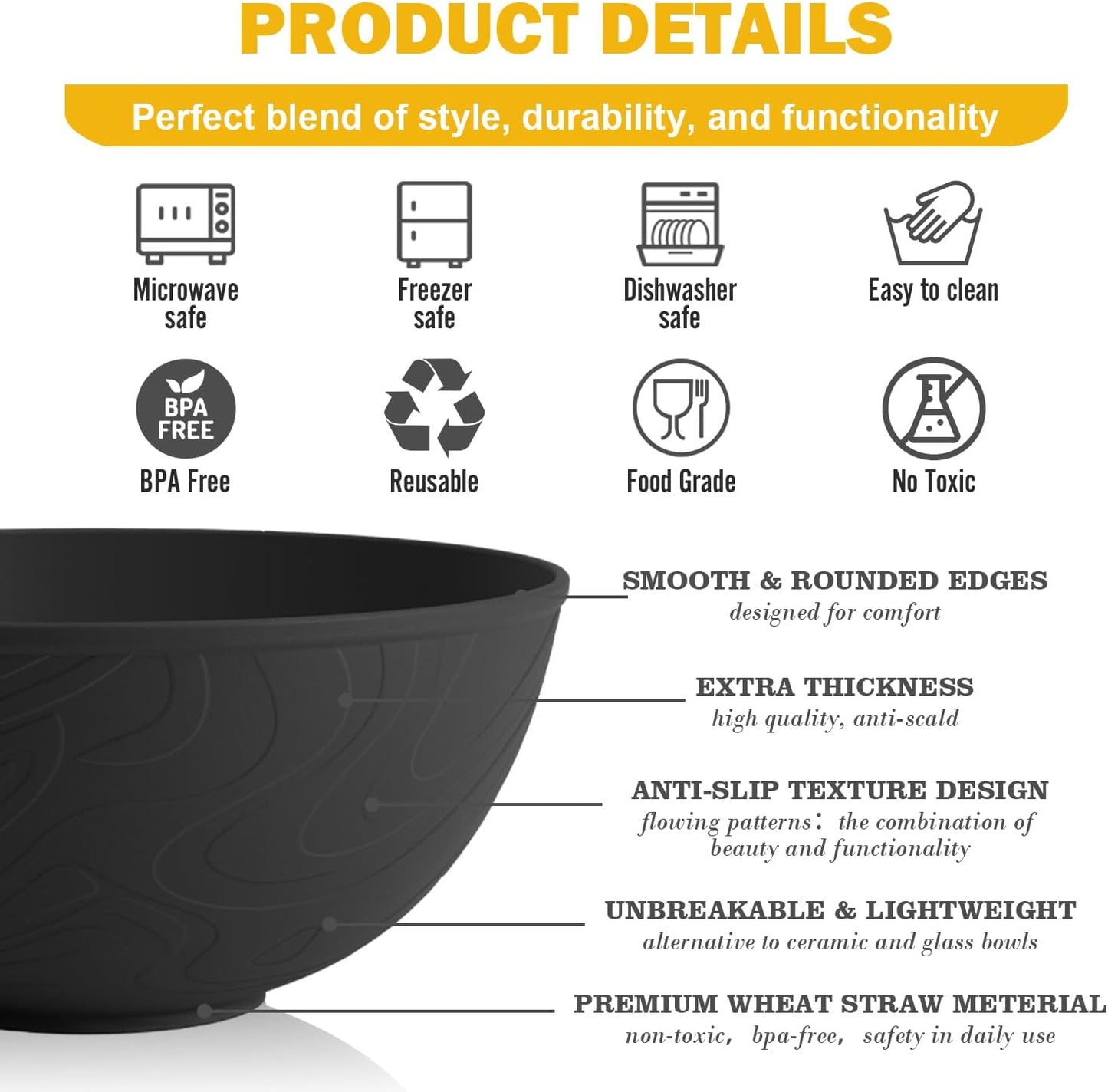 Wheat Straw Bowls Set with Lids, Unbreakable 40 OZ Cereal Bowls Set of 4, Salad Container for Lunch, Microwave & Dishwasher Safe Bowl Set for Kitchen, Picnic, RV, Camping, Multi