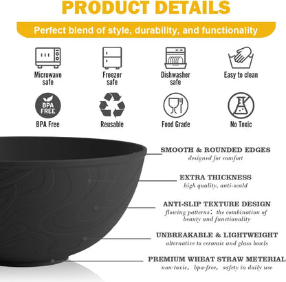 Wheat Straw Bowls Set with Lids, Unbreakable 40 OZ Cereal Bowls Set of 4, Salad Container for Lunch, Microwave & Dishwasher Safe Bowl Set for Kitchen, Picnic, RV, Camping, Multi
