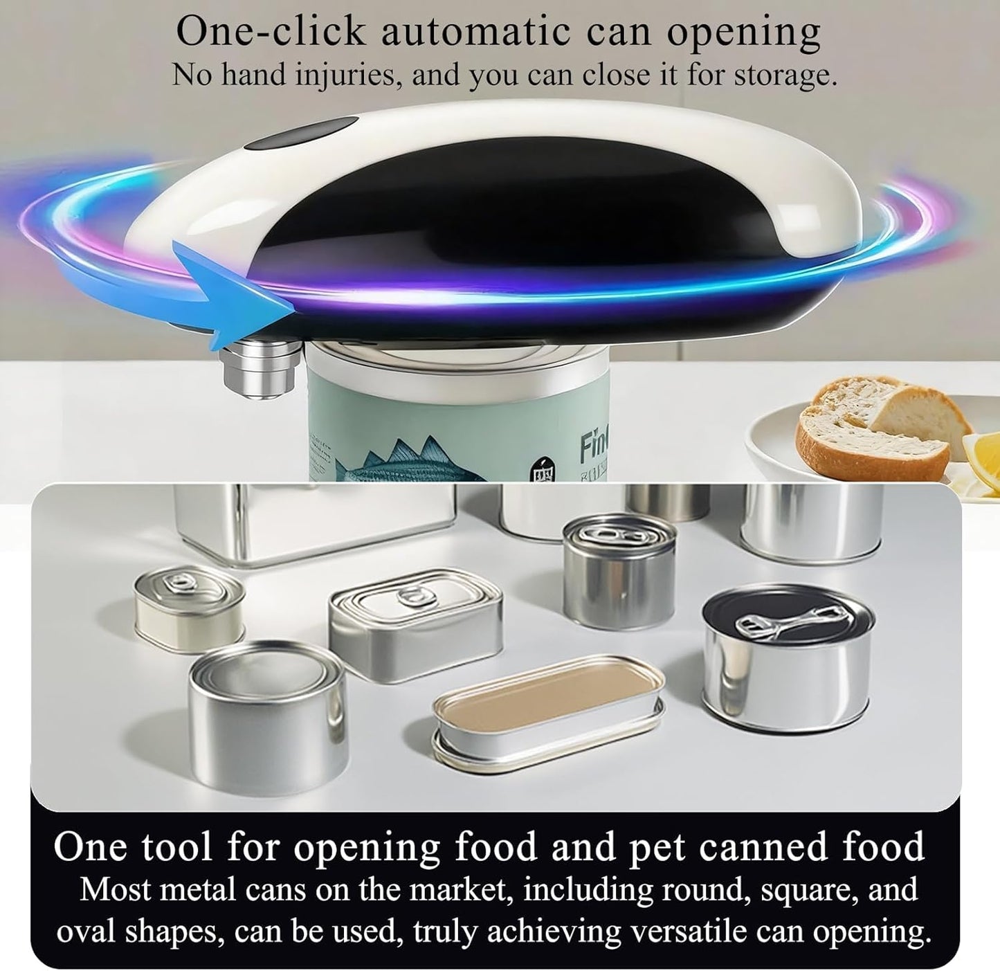 Electric Can Opener for Seniors & Arthritis - Rechargeable Automatic with One-Touch Open and Smooth Edge Cutting, Lid Remover, Food-Safe Stainless Steel Blade Easy to Use Hands-Free, Black