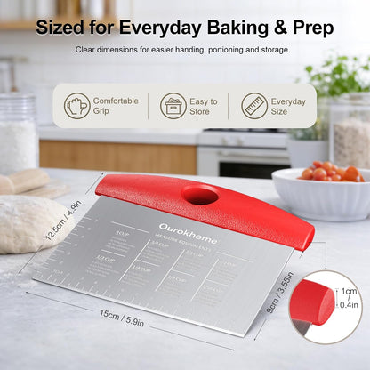 Ourokhome 2 Pack Bench Scraper Dough Cutter, Stainless Steel Dough Scraper with Laser-Etched Scale, Conversion Chart, Non-Slip Handle, Dishwasher Safe for Bread & Pastry, Black