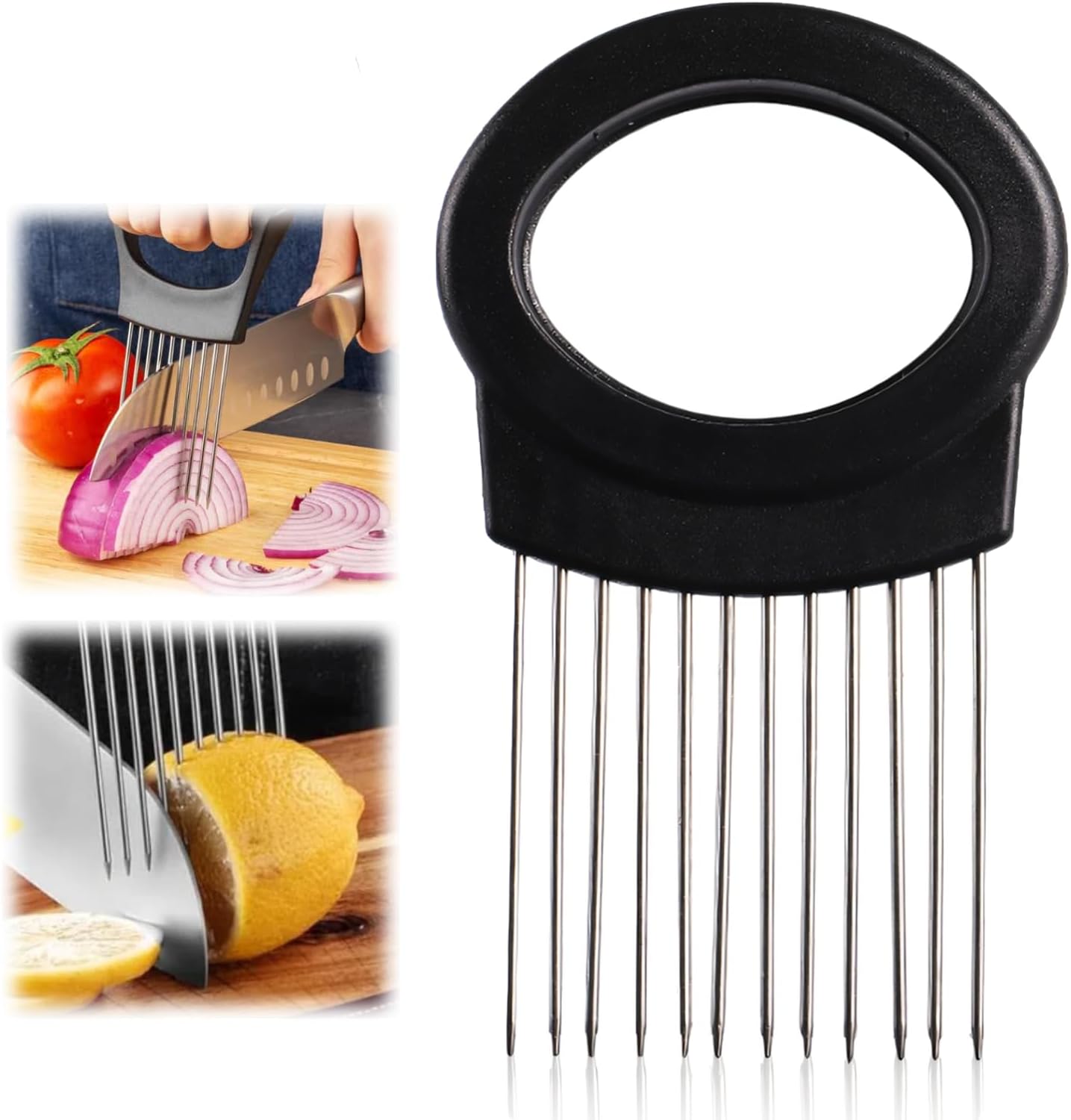 Upgrade Onion Holder for Slicing, Stainless Steel Lemon Slicer Onion Cutter for Slicing, Vegetable Cutter for Potato and Tomato, Avocados, Eggs, Meat, Kitchen Chopper Slicings Tool (Black, 1PC)