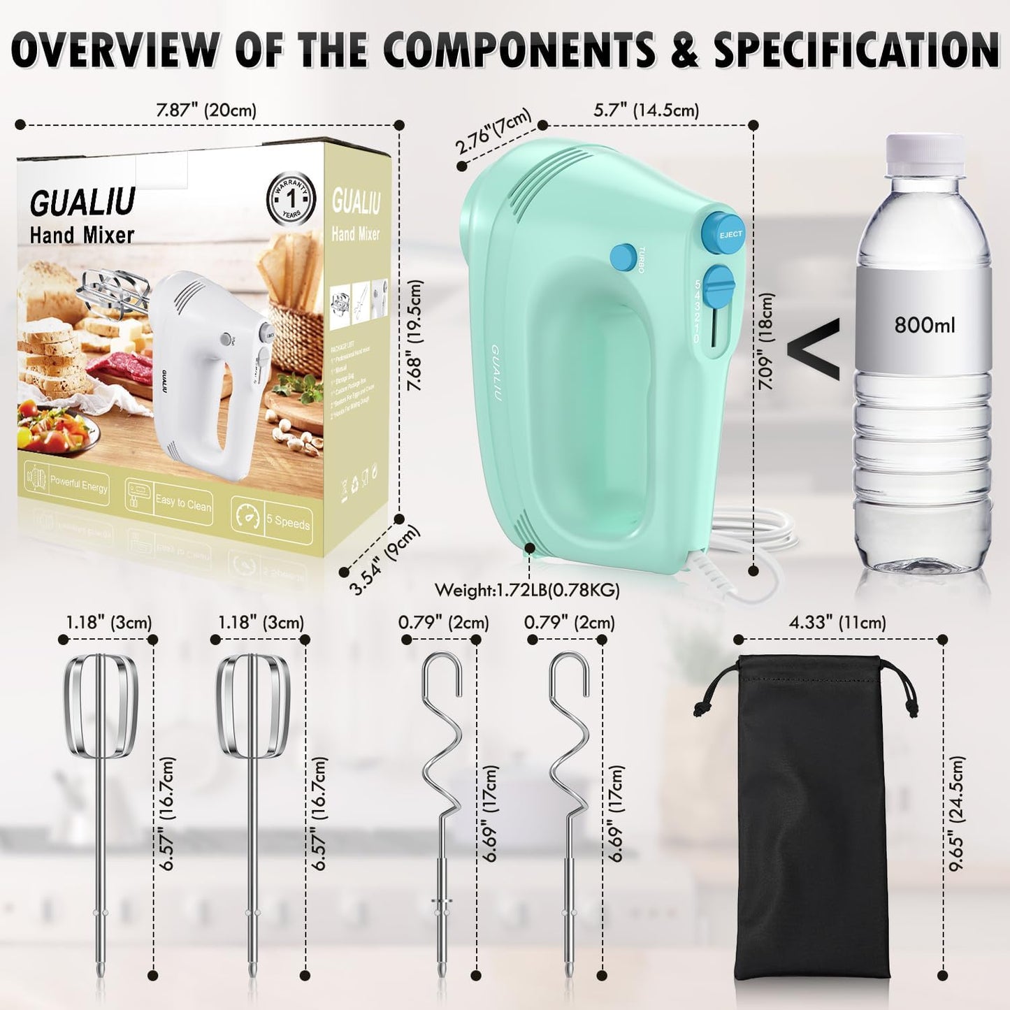 GUALIU Electric Hand Mixer with Stainless Steel Whisk, Dough Hook Attachment and Storage Bag, Handheld Mixer for Baking Cakes, Eggs, Cream Food Mixers. Turbo Boost /5 Speed Kitchen Blender PINK