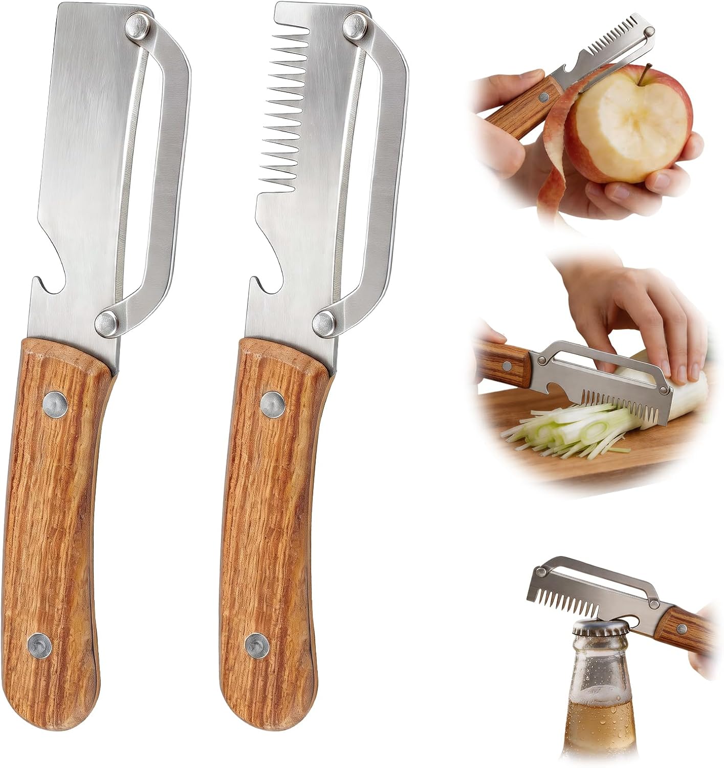 Multifunctional Vegetable Peeler, 3 in 1 Julienne Peeler with Wooden Handle, Vegetable Shredder with Bottle Opener Kitchen Tool for Peeling Veggie Fruit Pineapple Pumpkin Papaya Carrrot(2 Pack)