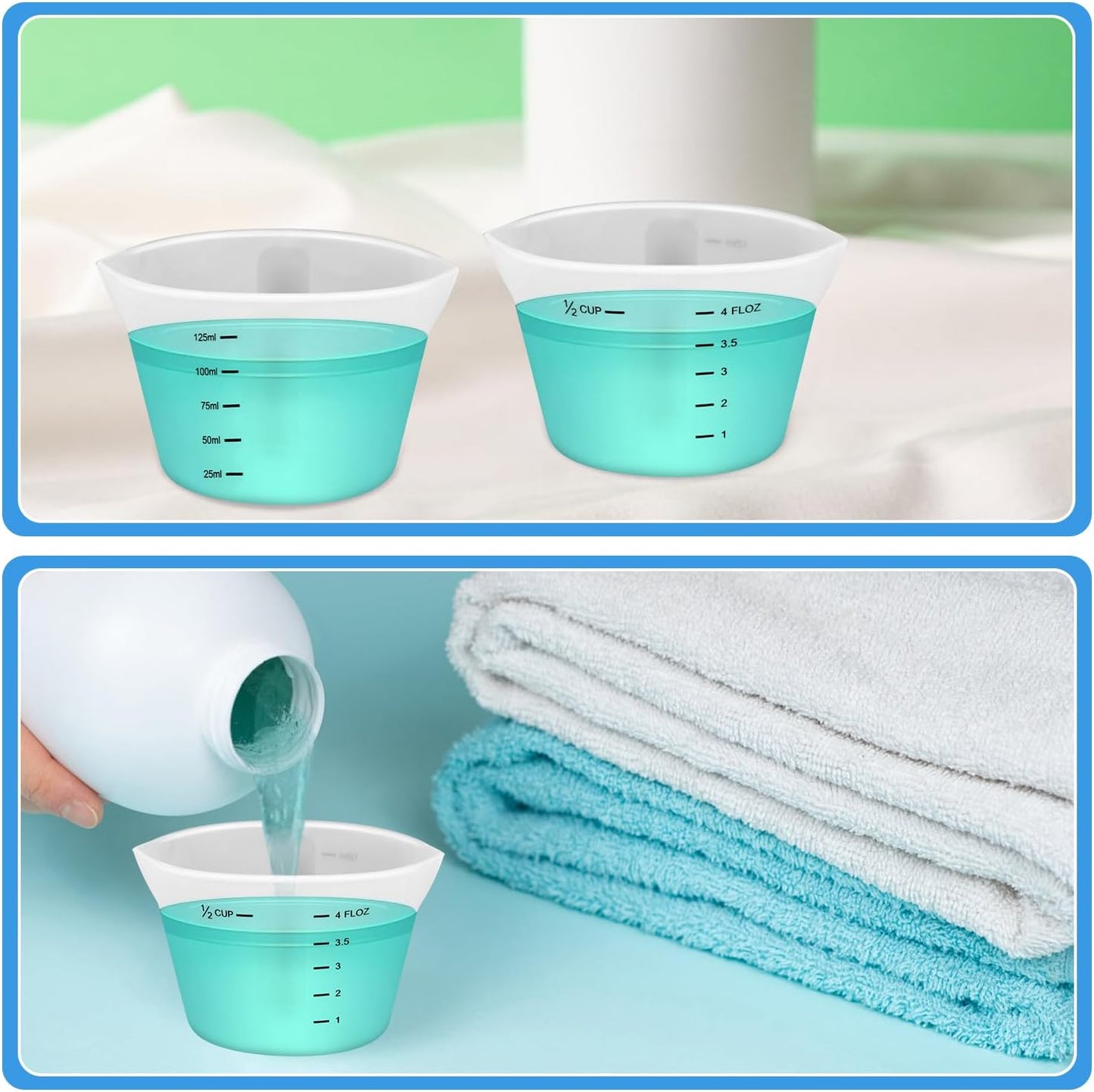 4pcs Laundry Measuring Cup, 125ml Silicone Liquid Measuring Cups Reusable Washable Laundry Detergent Measuring Cup, No More Mess or Leaks for Bathroom Dormitory
