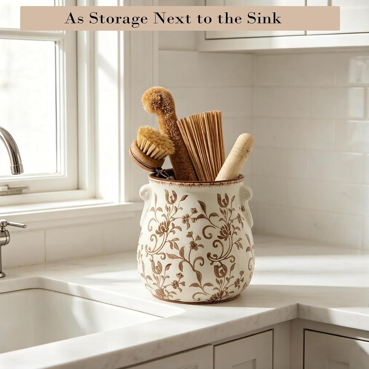 Utensil Holder for Kitchen Counter, Modern Farmhouse Rustic Cooking Utensil Holder and Crock, Exquisite Chinoiserie Floral Ceramic Utensil Organizer for Home Kitchen Decor- Green and Beige