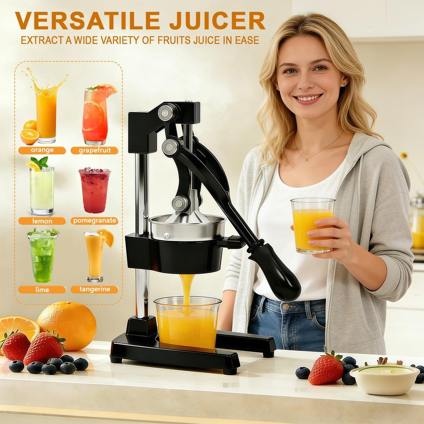 Cast Iron Citrus Juicer | Extra Large Commercial Grade Manual Hand Press with Stainless Steel Cup, Heavy-Duty Manual Juicer Press,Orange Crush Machine,Orange Juicer Squeezer,Easy Clean,Black
