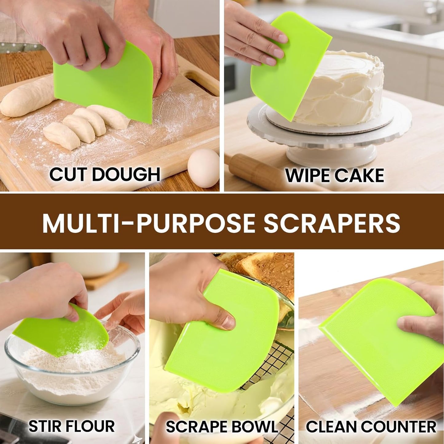 SCHVUBENR Dough Scraper Set with 2 Flexible Bowl Scrapers - Stainless Steel Dough Cutter & Bench Scraper with Measuring Scale - Versatile Kitchen Scraper for Bread, Pastry, Pizza, Cake - Black & Green