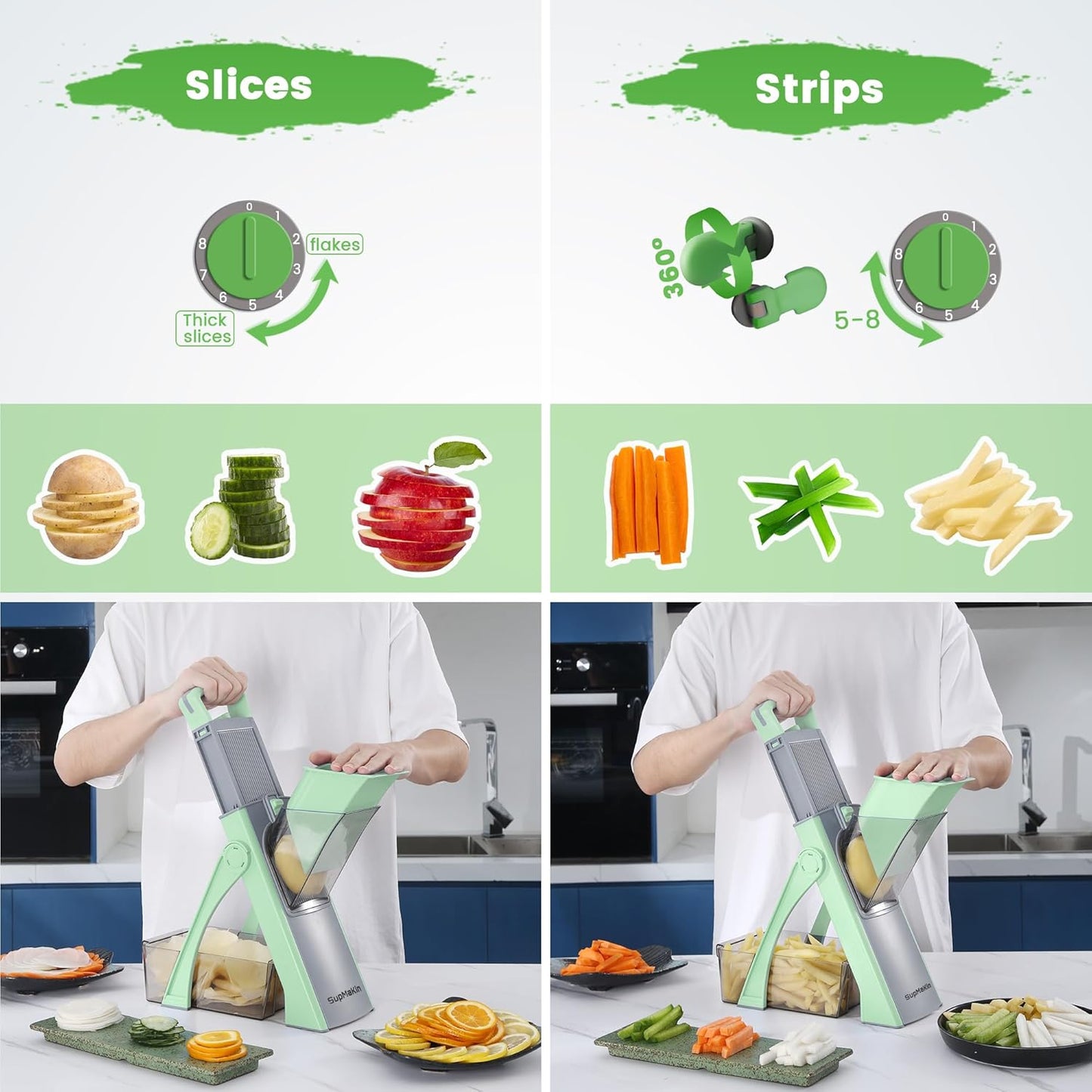 SupMaKin Upgrade Safe Mandoline Slicer Plus, Adjustable Vegetable Chopper Potato Slicer Onion Chopper, French Fries Cutter, Veggie Salad Chopper Kitchen Chopping Artifact (Green)