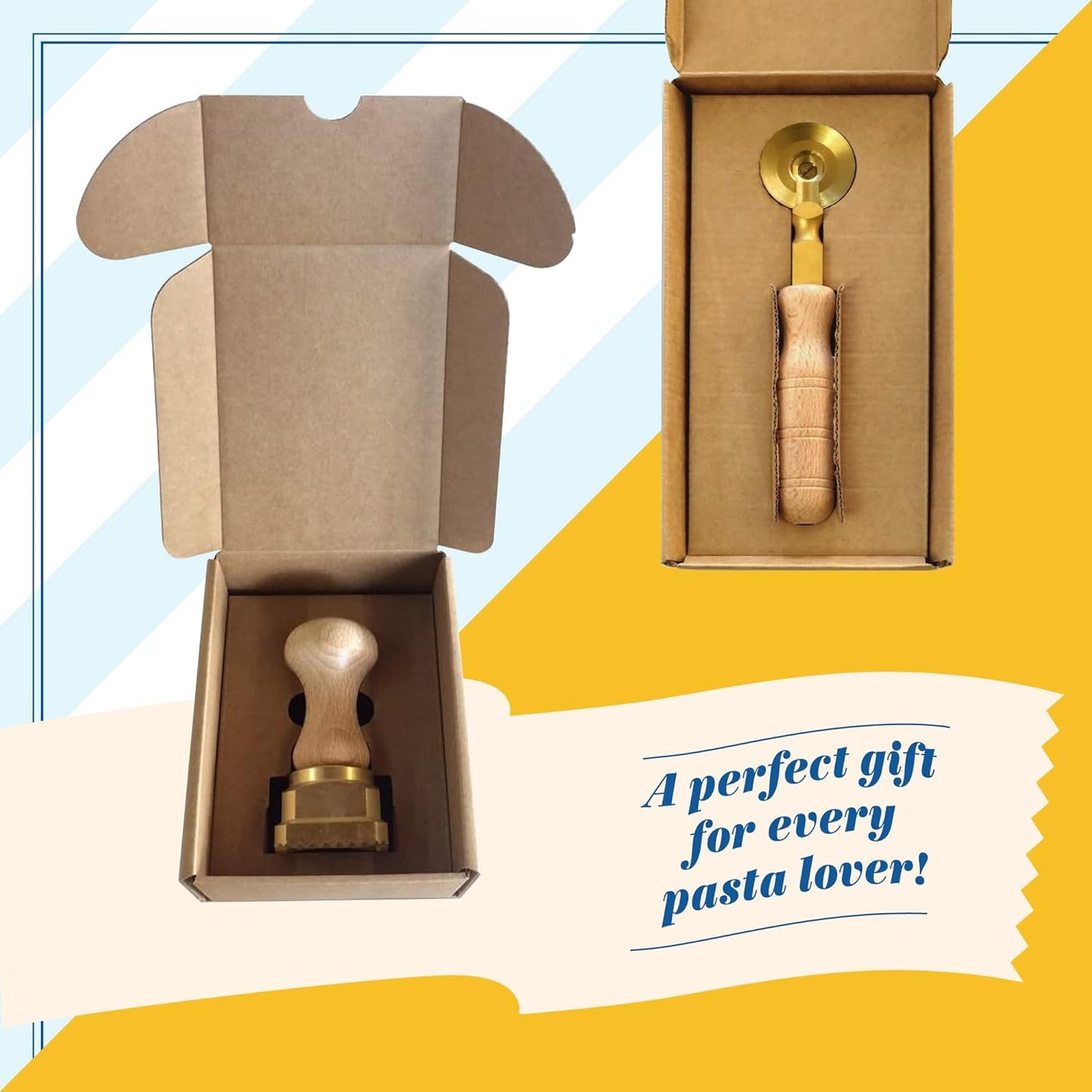 La Gondola Homemade Ravioli Stamp - Round Festooned 1.97in | Italian Pasta Making Tool for Home and Business | Brass & Natural Wood | Sturdy & Easy to Use Ravioli Stamp | Ravioli Cutter Made in Italy