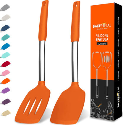 BakeRoyal Silicone Spatula Set - Turner Spatulas Silicone Heat Resistant 600°F - Slotted & Solid Spatula for Cooking Fish, Eggs, Pancakes Flipper – Spatulas for kitchen use – Royal Blue