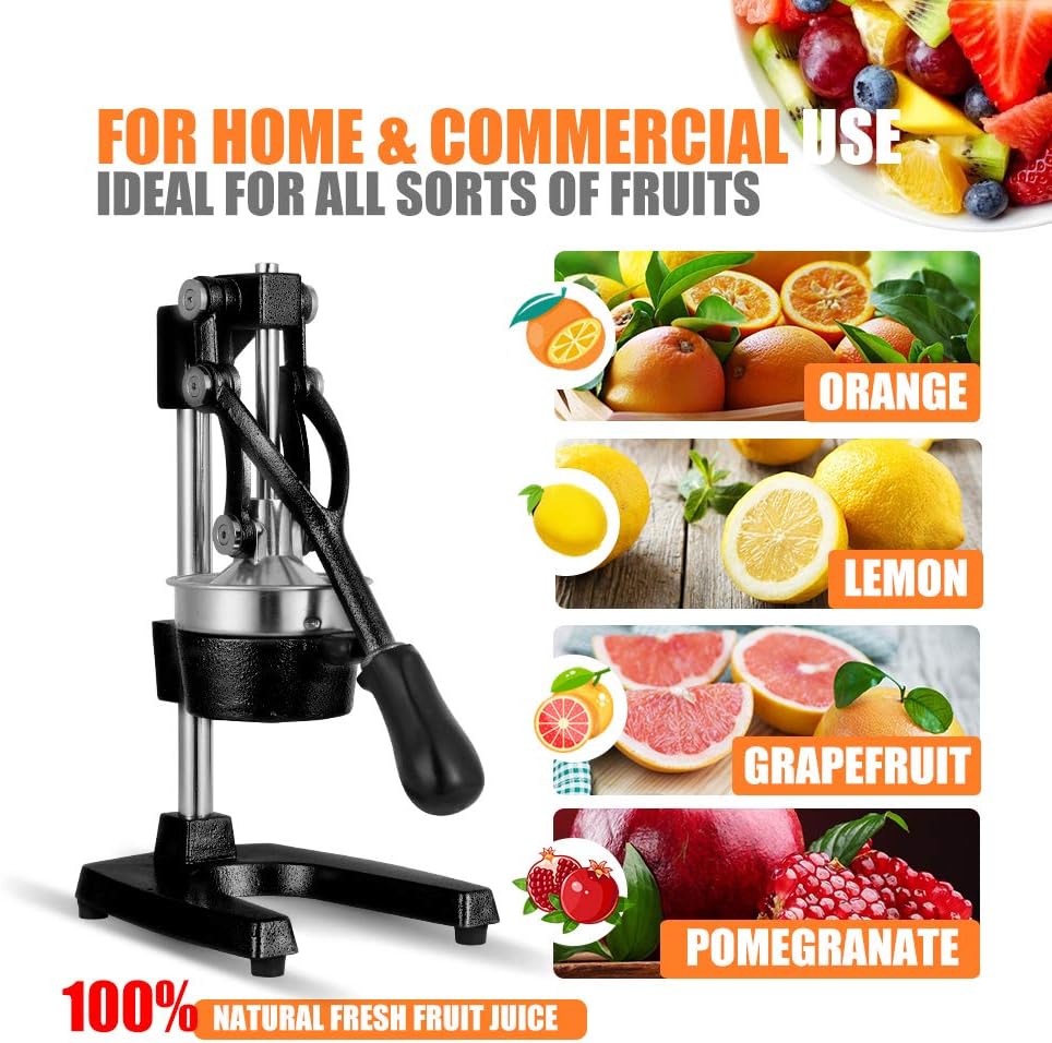 Commercial Heavy Duty Cast Iron Hand Press Manual Orange Citrus Lemon Lime Grapefruit Pomegranate Fruit Juice Squeezer Machine with Stainless Steel Cup