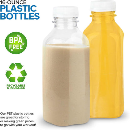 12 oz Juice Bottles with Caps for Juicing (12 pack) - Reusable Clear Empty Plastic Water Bottles - Drink Containers for Mini Fridge, Juicer Shots Includes Labels, Brush & Funnel
