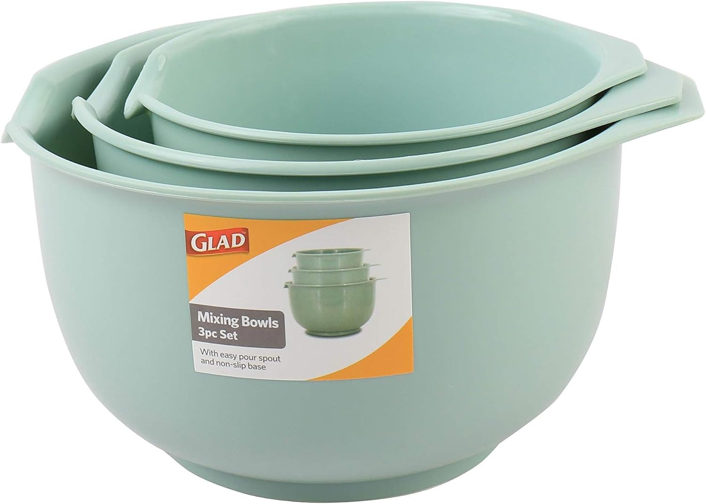 Glad Mixing Bowls with Pour Spout, Set of 4 - Nesting Plastic Bowls (1.2qt, 1.9qt, 2.8qt, and 3qt with Handle) - Non Slip Base, Dishwasher Safe Kitchen Cooking and Baking Supplies, Grey