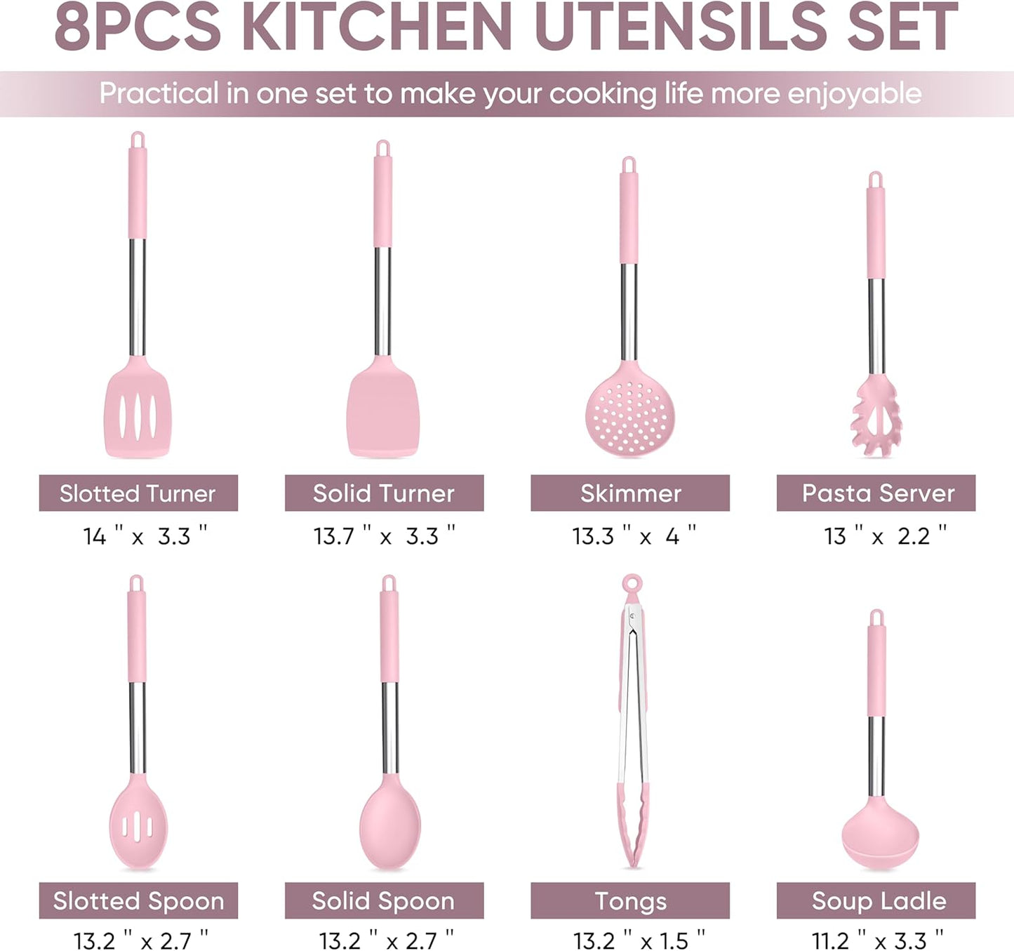 TeamFar Kitchen Utensils Set of 8, Silicone Utensils Kitchen Tools Set with Stainless Steel Handle, for Frying Serving Flipping Draining, Non-toxic & Heatproof, Nonstick & Dishwasher Safe - Black