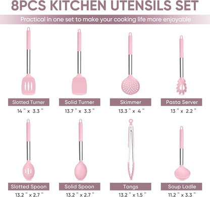 TeamFar Kitchen Utensils Set of 8, Silicone Utensils Kitchen Tools Set with Stainless Steel Handle, for Frying Serving Flipping Draining, Non-toxic & Heatproof, Nonstick & Dishwasher Safe - Black