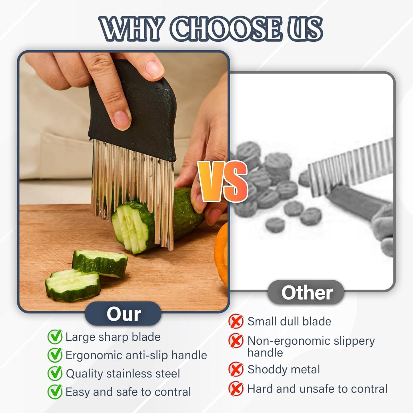 Stainless Steel Crinkle Cutter - Large French Fry Slicer, Potato Knife with Non-Slip Handle, Fruit and Vegetable Wavy Chopper