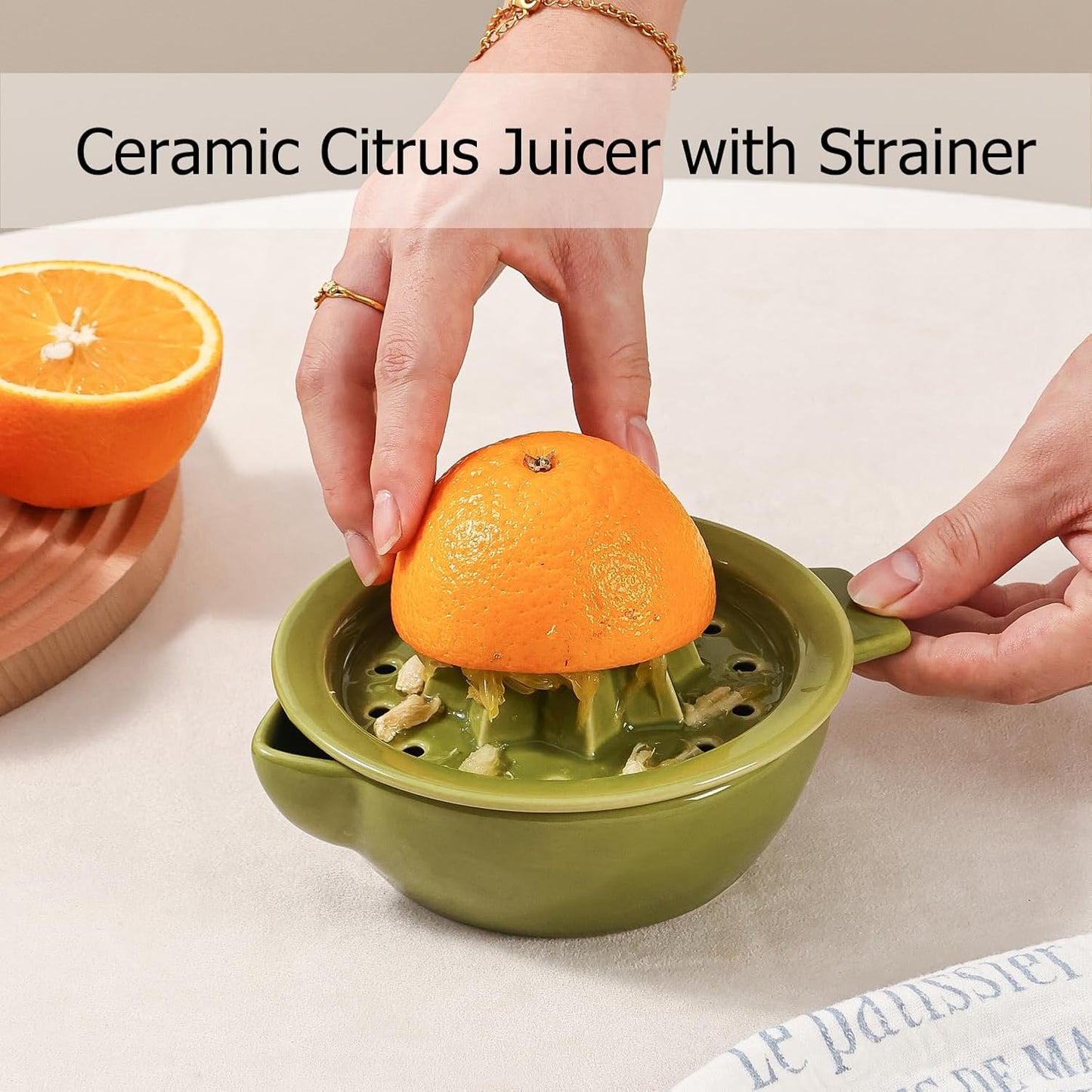 Ceramic Citrus Lemon Orange Juicer Manual Squeezer, Hand Juicer Reamer Rotation Press with 6.8oz Bowl, Strainer Lid, Spout, Handle, Dishwasher Safe, Easy to Clean