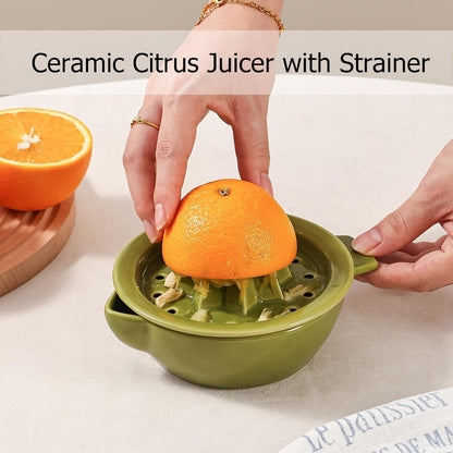 Ceramic Citrus Lemon Orange Juicer Manual Squeezer, Hand Juicer Reamer Rotation Press with 6.8oz Bowl, Strainer Lid, Spout, Handle, Dishwasher Safe, Easy to Clean