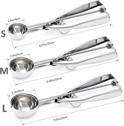 Ice Cream Scoop, 3Pcs Cookie Scoop Set, 18/8 Stainless Steel Cookie Dough Scoop, Cookie Scoops for Baking Set of 3, Ice Cream Scooper with Trigger Release, Cookie Scooper for Baking