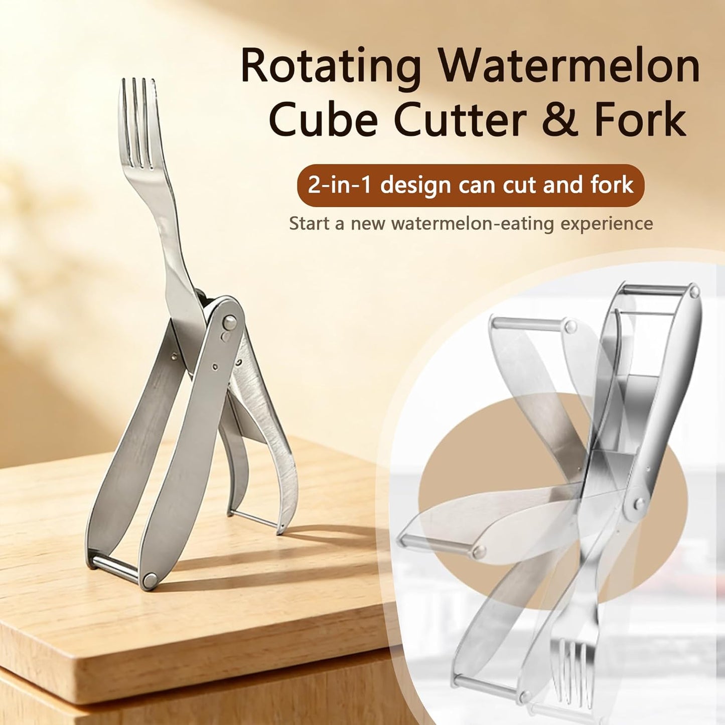 Watermelon Cutter, 2-in-1 Stainless Steel Fruit Cutter, Dual Head Watermelon Fork Slicer Tool, Summer Fruit Cutting Kitchen Gadget for Home (Round-2PCS)