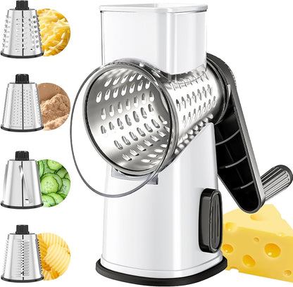 VEKAYA Rotary Cheese Grater Hand Crank with 4 Interchangeable Stainless Steel Blades, Large Manual Handle Shredder and Waffle Slicer for Vegetables, Cheese and Nuts with Table Suction Base(Blue)